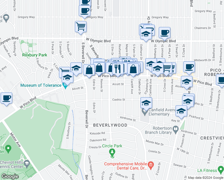 map of restaurants, bars, coffee shops, grocery stores, and more near in Los Angeles