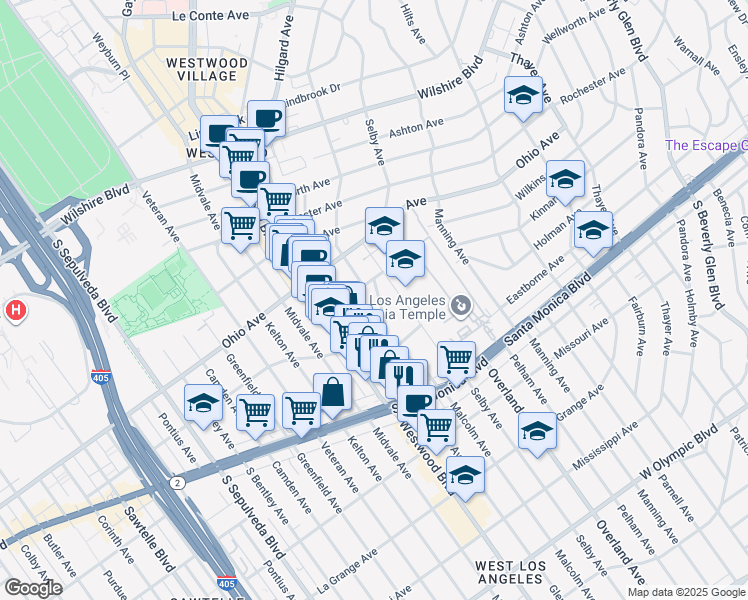 map of restaurants, bars, coffee shops, grocery stores, and more near 1646 Malcolm Avenue in Los Angeles