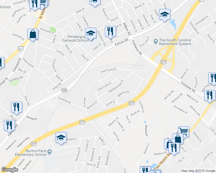 map of restaurants, bars, coffee shops, grocery stores, and more near 4000 Highland Park Drive in Columbia