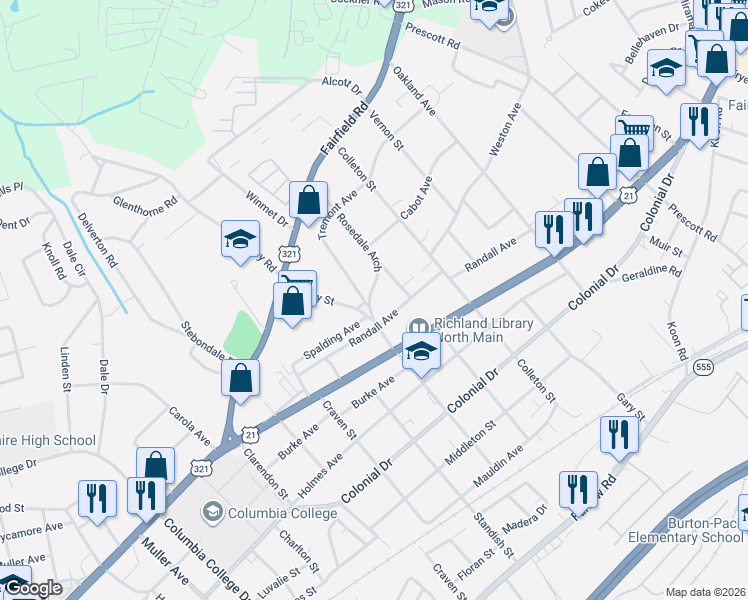map of restaurants, bars, coffee shops, grocery stores, and more near 1012 Ashley Street in Columbia