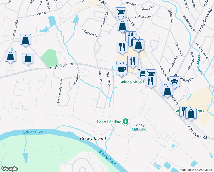 map of restaurants, bars, coffee shops, grocery stores, and more near 201 Spartan Drive in Columbia