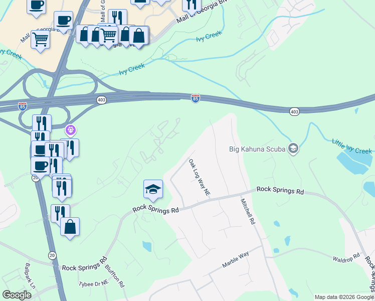 map of restaurants, bars, coffee shops, grocery stores, and more near 2820 Pine Log Way in Buford