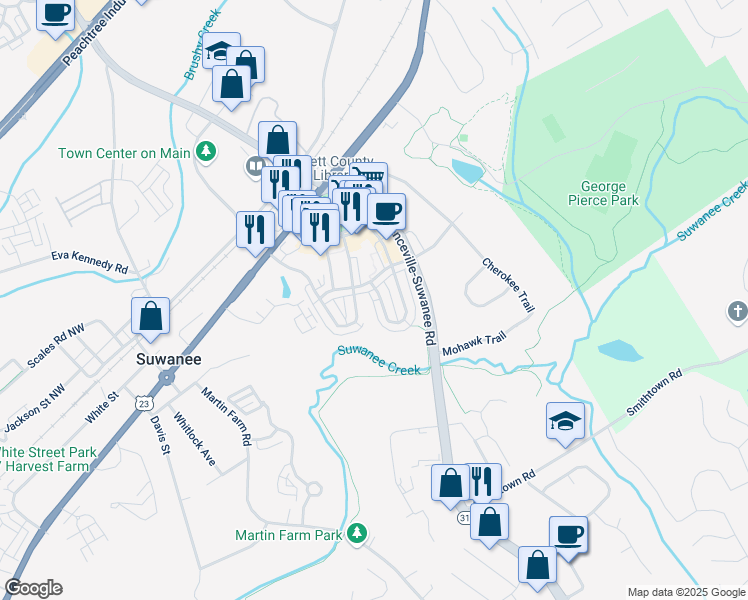 map of restaurants, bars, coffee shops, grocery stores, and more near 3621 Portland Trail Drive in Suwanee