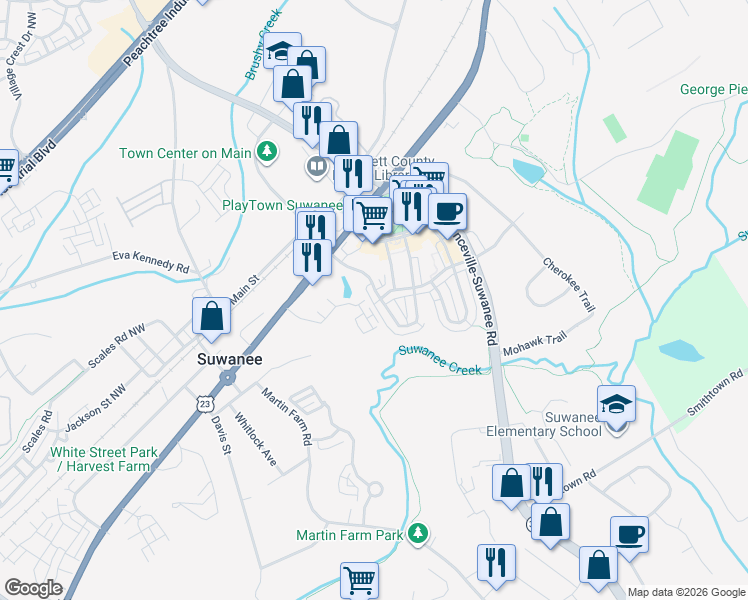map of restaurants, bars, coffee shops, grocery stores, and more near 3752 Memphis Drive in Suwanee