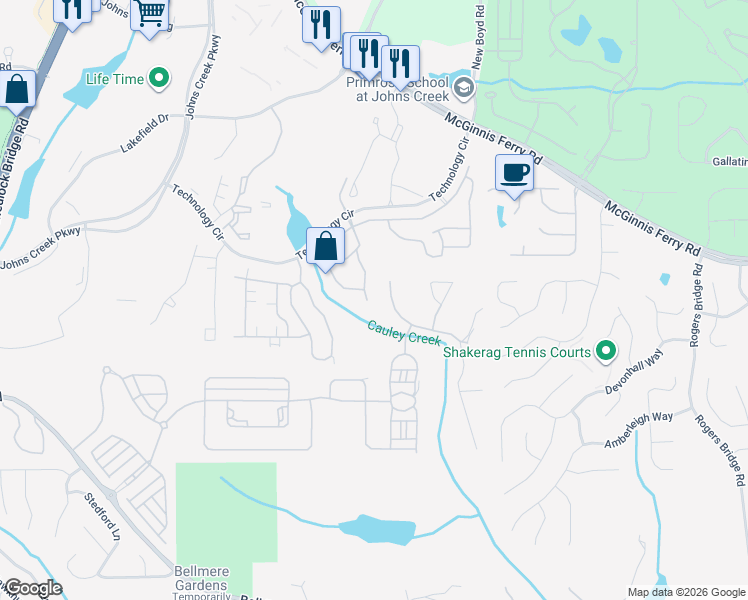 map of restaurants, bars, coffee shops, grocery stores, and more near 11100 Densford Way in Duluth