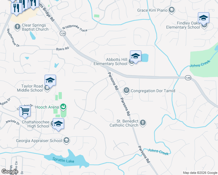 map of restaurants, bars, coffee shops, grocery stores, and more near 11205 Linbrook Lane in Duluth