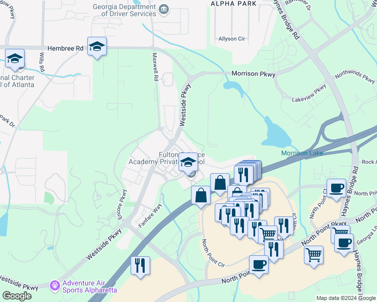 map of restaurants, bars, coffee shops, grocery stores, and more near 1856 Adagio Drive in Alpharetta