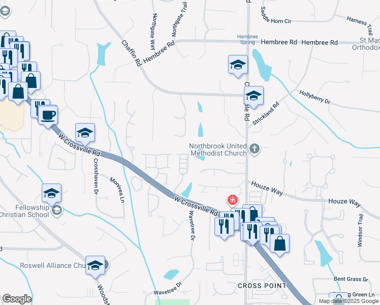 map of restaurants, bars, coffee shops, grocery stores, and more near 5022 Towneship Creek Road in Roswell