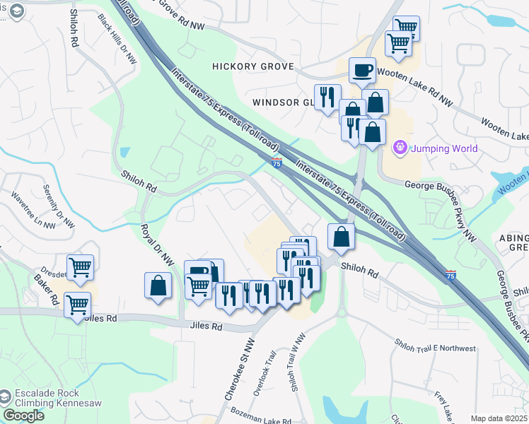 map of restaurants, bars, coffee shops, grocery stores, and more near 1655 Shiloh Road Northwest in Kennesaw