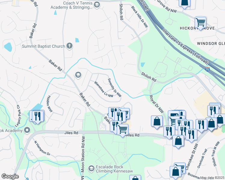 map of restaurants, bars, coffee shops, grocery stores, and more near 2183 Serenity Drive Northwest in Acworth