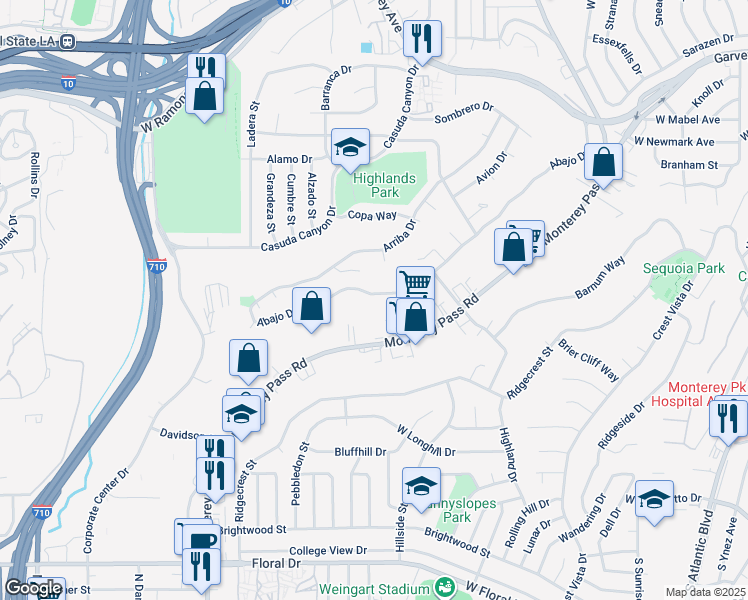 map of restaurants, bars, coffee shops, grocery stores, and more near 1860 Abajo Drive in Monterey Park