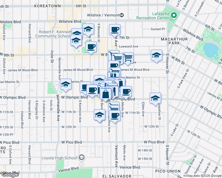 map of restaurants, bars, coffee shops, grocery stores, and more near 968 South New Hampshire Avenue in Los Angeles