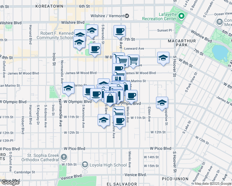 map of restaurants, bars, coffee shops, grocery stores, and more near 968 South New Hampshire Avenue in Los Angeles