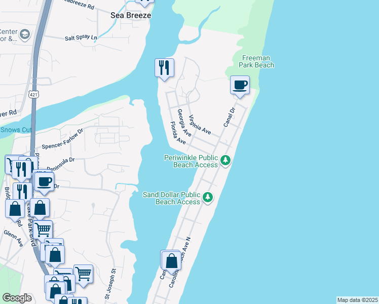 map of restaurants, bars, coffee shops, grocery stores, and more near 117 Florida Avenue in Carolina Beach