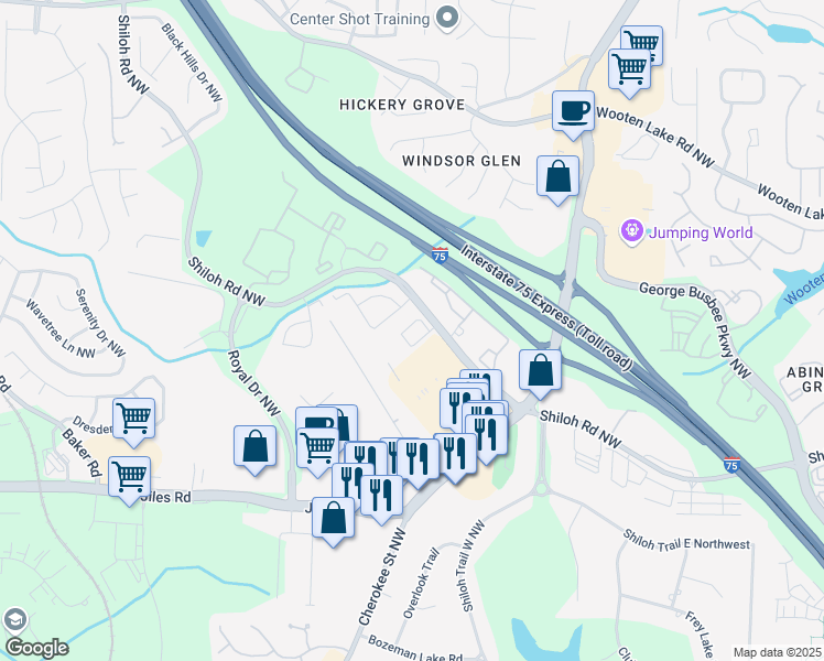 map of restaurants, bars, coffee shops, grocery stores, and more near 1805 Shiloh Road Northwest in Kennesaw