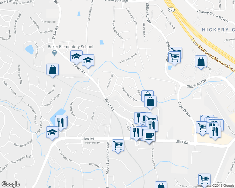 map of restaurants, bars, coffee shops, grocery stores, and more near 2106 Serenity Drive Northwest in Acworth