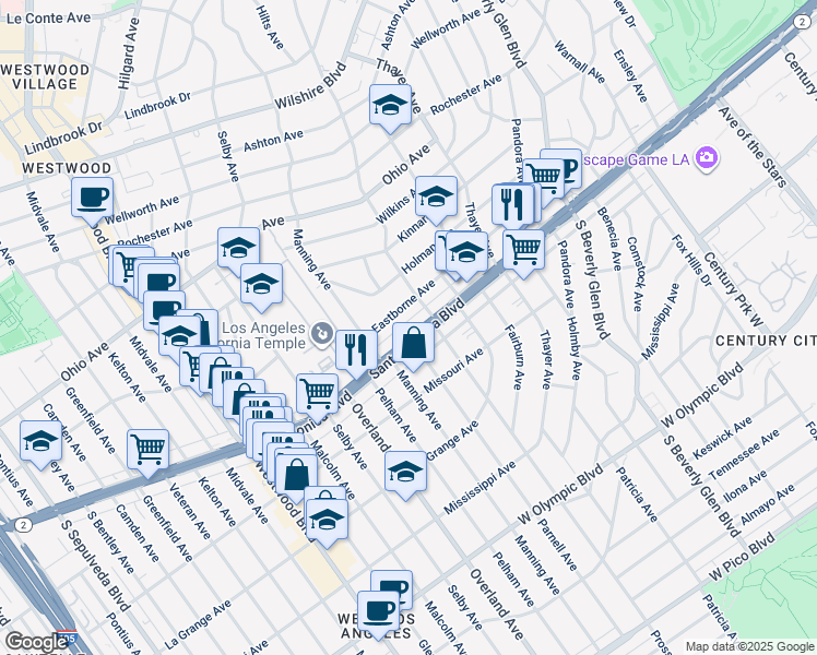 map of restaurants, bars, coffee shops, grocery stores, and more near 10683 Santa Monica Boulevard in Los Angeles
