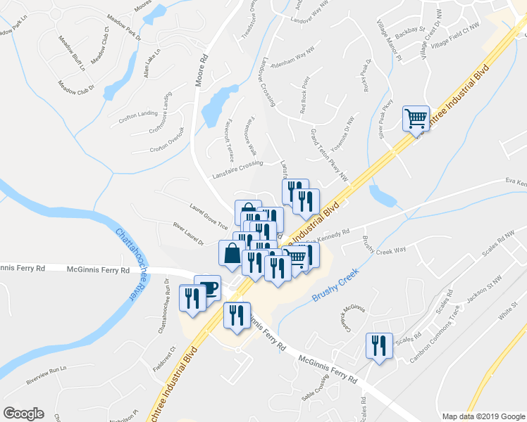 map of restaurants, bars, coffee shops, grocery stores, and more near 4140 Lansfaire Terrace in Suwanee