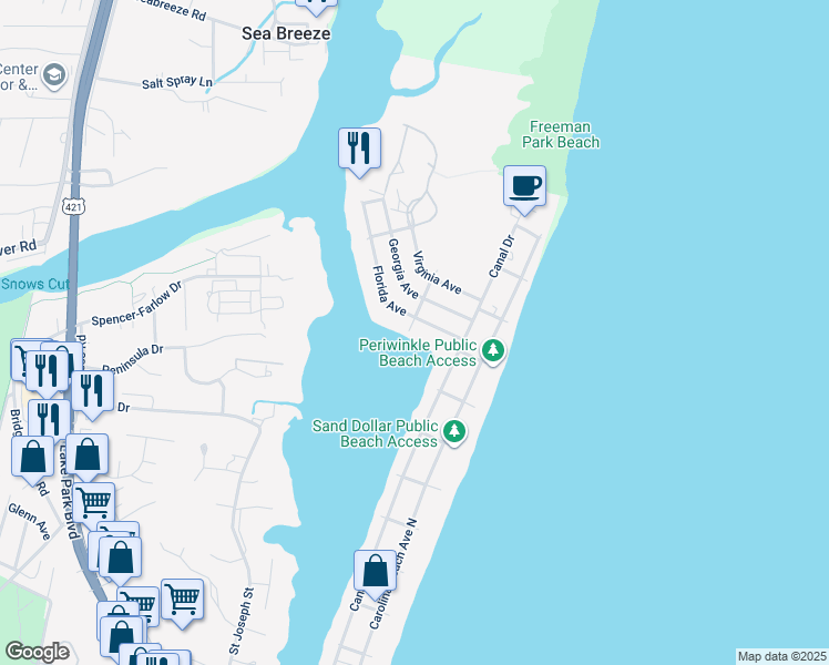 map of restaurants, bars, coffee shops, grocery stores, and more near 117 Florida Avenue in Carolina Beach