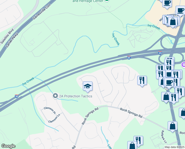map of restaurants, bars, coffee shops, grocery stores, and more near 3287 Baymount Way in Lawrenceville