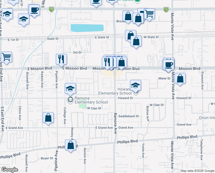map of restaurants, bars, coffee shops, grocery stores, and more near 11073 San Pasqual Avenue in Montclair