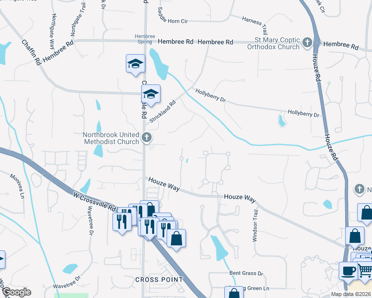 map of restaurants, bars, coffee shops, grocery stores, and more near 150 Newcastle Court in Roswell