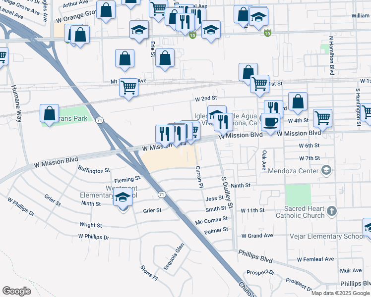 map of restaurants, bars, coffee shops, grocery stores, and more near 1616 West Mission Boulevard in Pomona