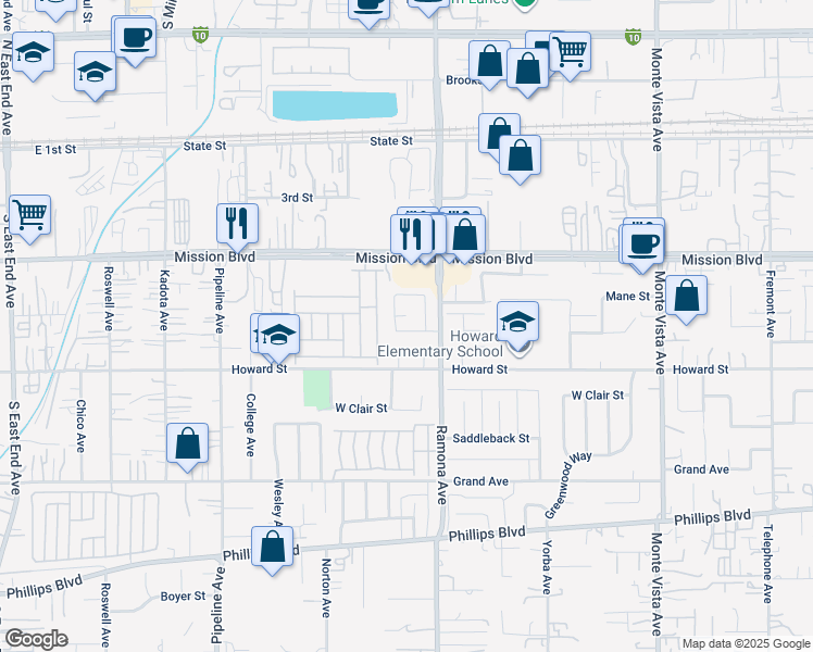 map of restaurants, bars, coffee shops, grocery stores, and more near 4444 Merle Street in Montclair