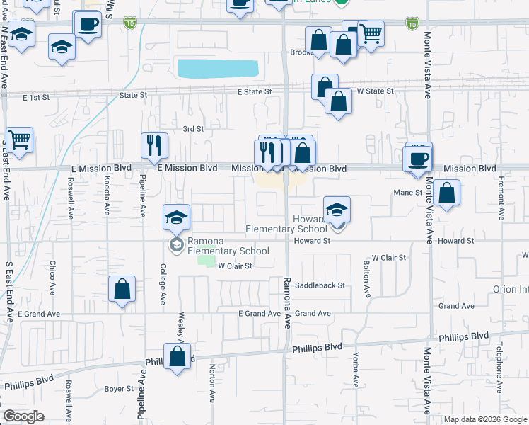 map of restaurants, bars, coffee shops, grocery stores, and more near 11073 San Pasqual Avenue in Montclair