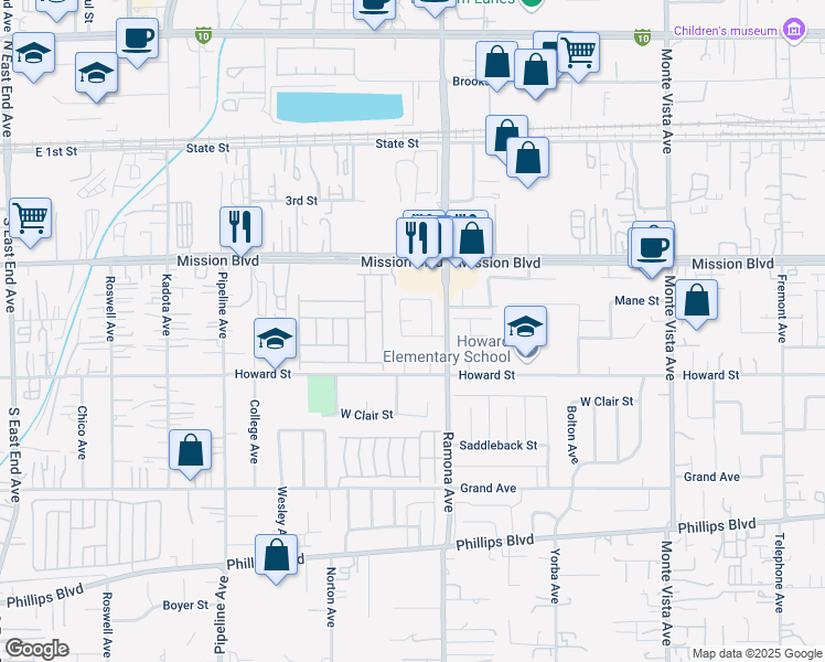 map of restaurants, bars, coffee shops, grocery stores, and more near 4444 Merle Street in Montclair