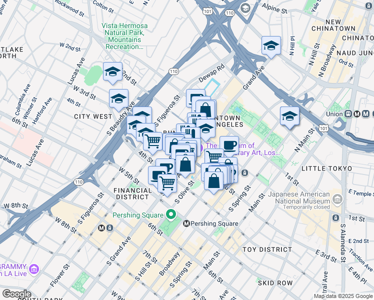 map of restaurants, bars, coffee shops, grocery stores, and more near 251 South Olive Street in Los Angeles