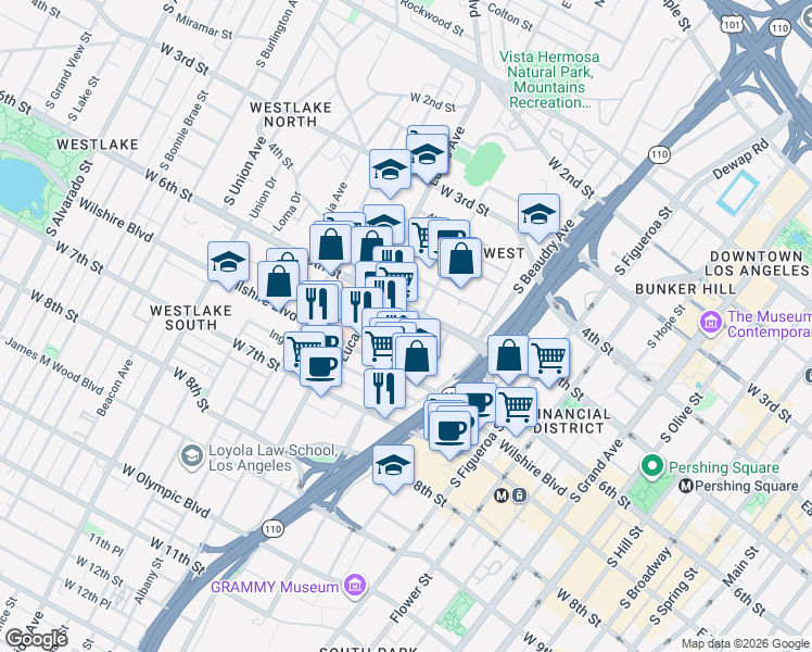 map of restaurants, bars, coffee shops, grocery stores, and more near 629 South Bixel Street in Los Angeles