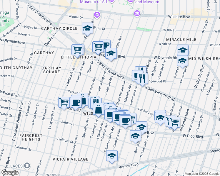 map of restaurants, bars, coffee shops, grocery stores, and more near 1227 South Curson Avenue in Los Angeles