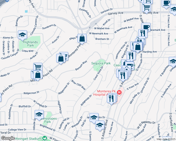 map of restaurants, bars, coffee shops, grocery stores, and more near 805 Ridgecrest Street in Monterey Park
