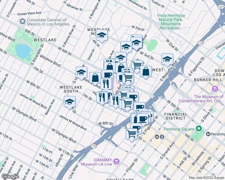 map of restaurants, bars, coffee shops, grocery stores, and more near 1175 Wilshire Boulevard in Los Angeles
