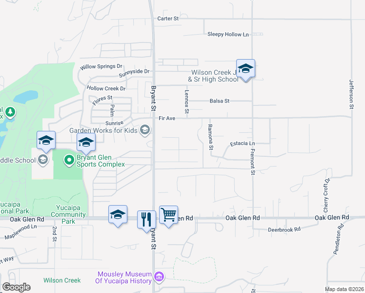 map of restaurants, bars, coffee shops, grocery stores, and more near 35420 Shade Tree Road in Yucaipa