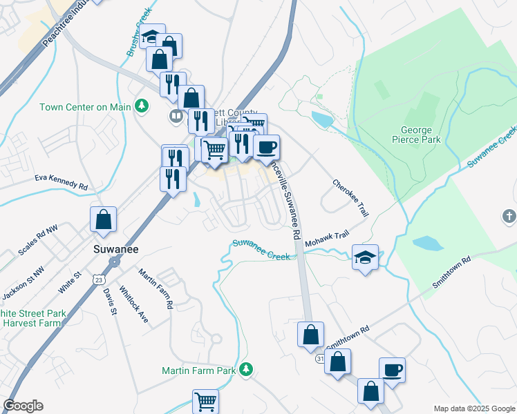 map of restaurants, bars, coffee shops, grocery stores, and more near 3621 Portland Trail Drive in Suwanee