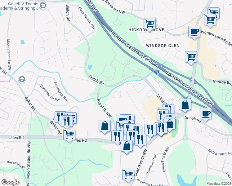 map of restaurants, bars, coffee shops, grocery stores, and more near 4111 Royal Regency Circle in Kennesaw