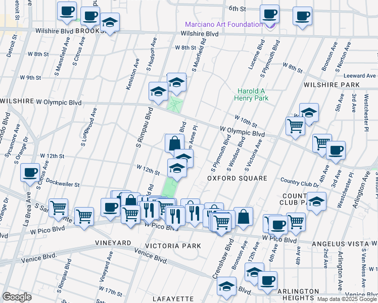 map of restaurants, bars, coffee shops, grocery stores, and more near 1142 Queen Anne Place in Los Angeles