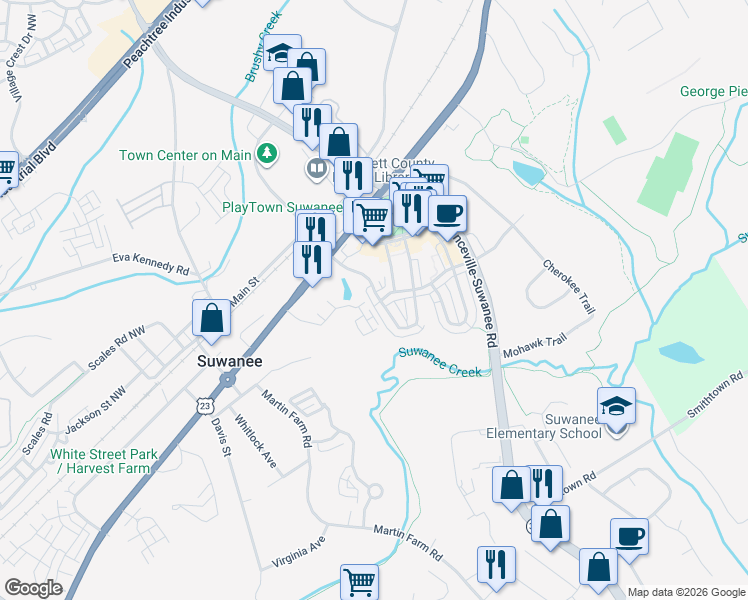 map of restaurants, bars, coffee shops, grocery stores, and more near 3752 Memphis Drive in Suwanee