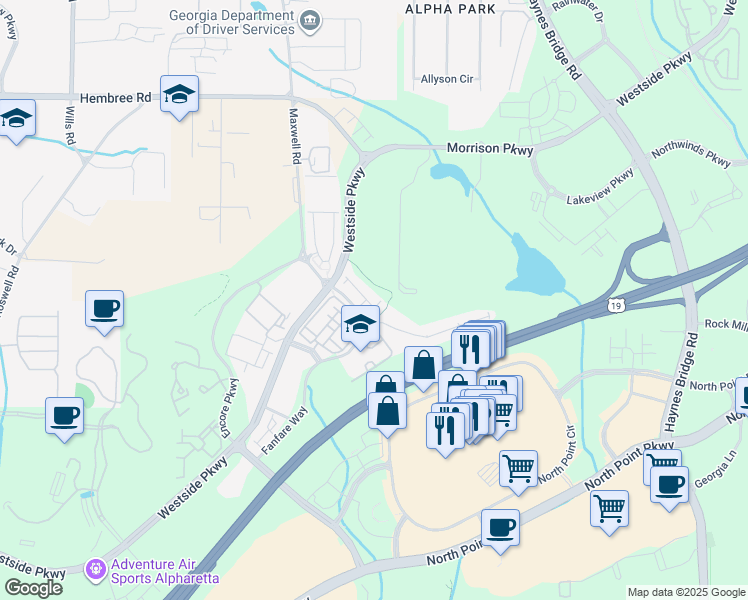 map of restaurants, bars, coffee shops, grocery stores, and more near 100 Duval Drive in Alpharetta