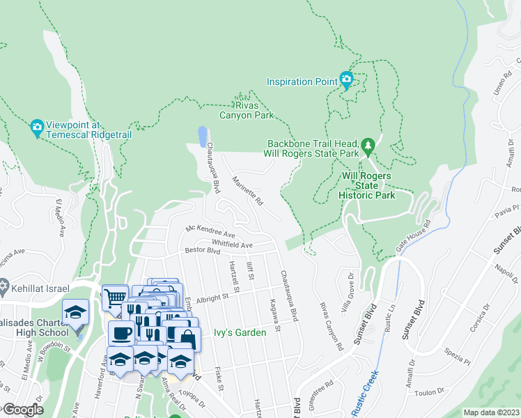 map of restaurants, bars, coffee shops, grocery stores, and more near 1319 Marinette Road in Los Angeles