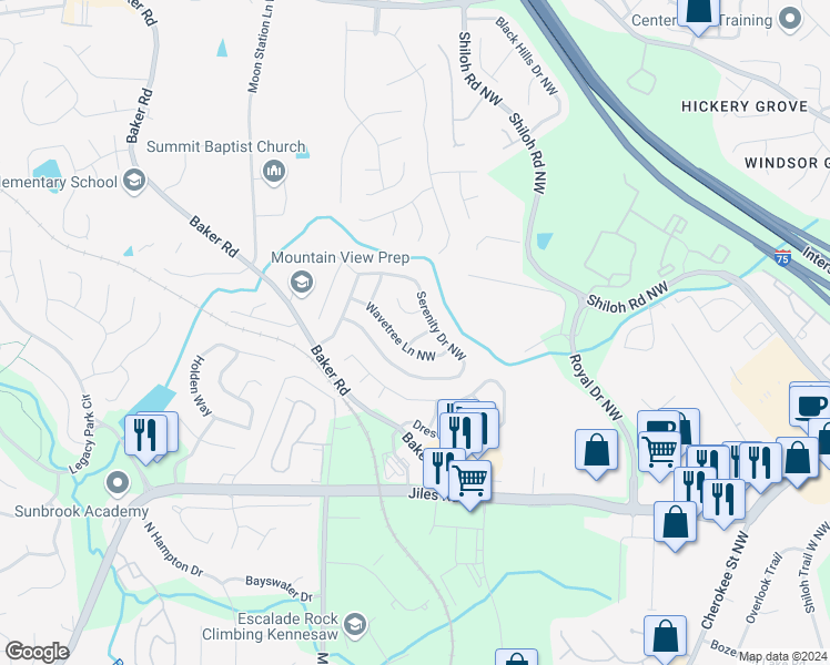 map of restaurants, bars, coffee shops, grocery stores, and more near 3705 Wavetree Overlook Northwest in Acworth