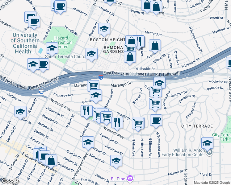 map of restaurants, bars, coffee shops, grocery stores, and more near 1230 North Evergreen Avenue in Los Angeles