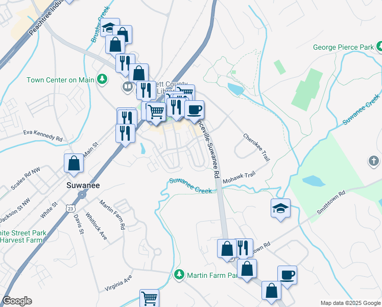 map of restaurants, bars, coffee shops, grocery stores, and more near Portland Trail Drive in Suwanee