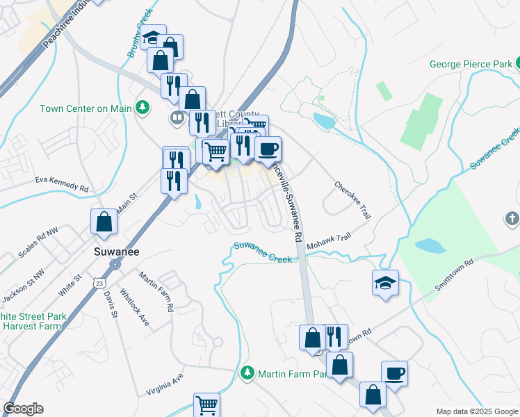 map of restaurants, bars, coffee shops, grocery stores, and more near 3621 Portland Trail Drive in Suwanee