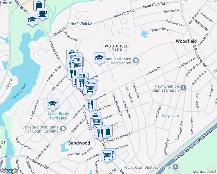 map of restaurants, bars, coffee shops, grocery stores, and more near 1031 Faraway Drive in Columbia