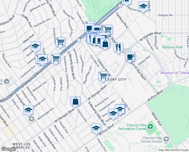 map of restaurants, bars, coffee shops, grocery stores, and more near 2056 Kerwood Avenue in Los Angeles
