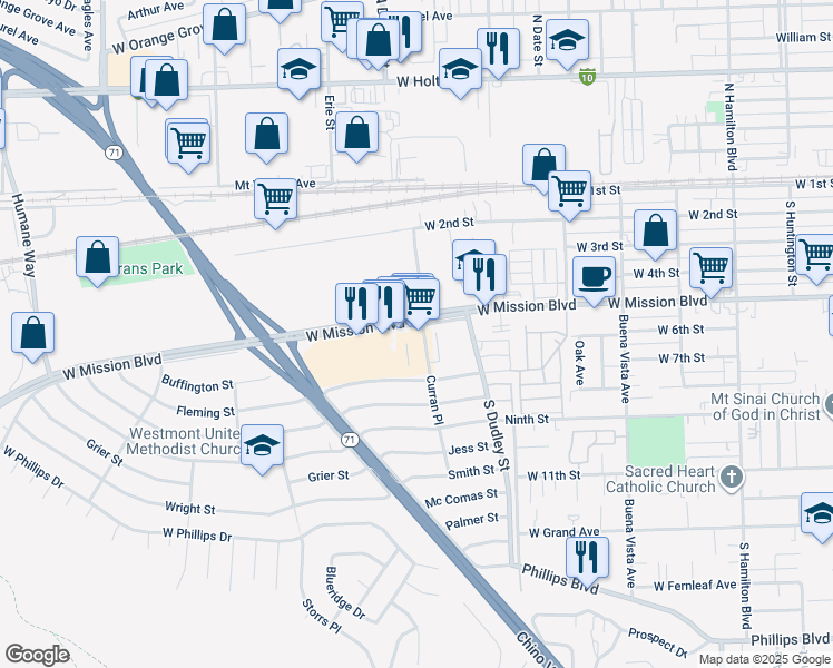 map of restaurants, bars, coffee shops, grocery stores, and more near 1600 West Mission Boulevard in Pomona