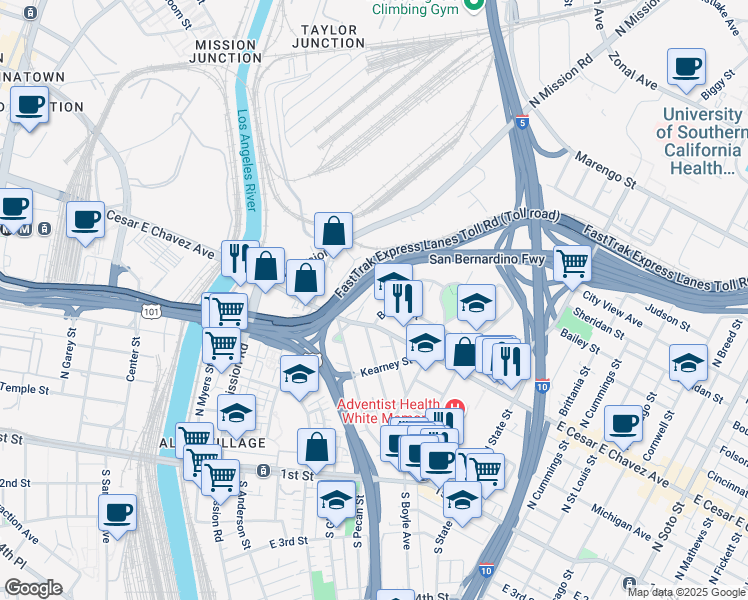 map of restaurants, bars, coffee shops, grocery stores, and more near 571 Fairview Avenue in Los Angeles